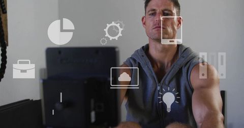 Athlete training on smart rower with real-time performance analytics and focused intensity