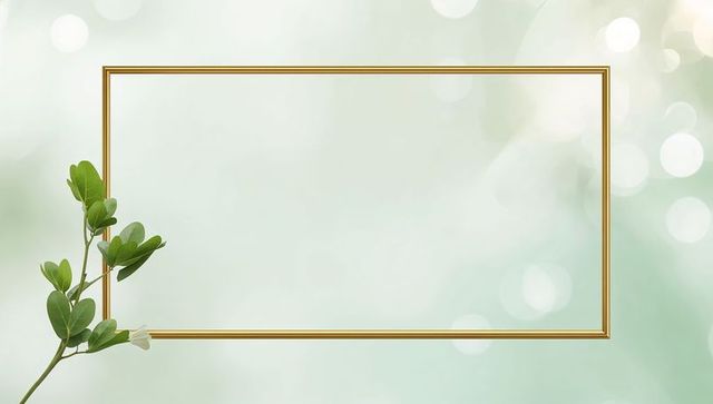 Thin gold double-line frame on pastel green bokeh with botanical stem for invitations