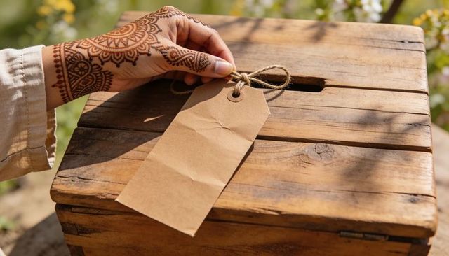Henna-adorned Hand Holding Kraft Tag Over Rustic Wooden Box Slot in Garden Sunlight
