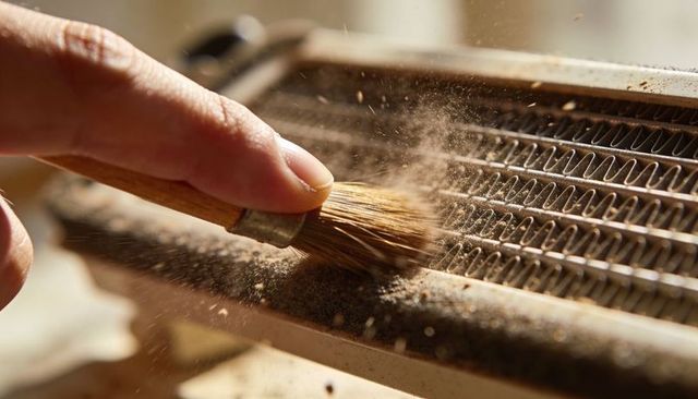 Close-up hand cleaning dusty radiator fins with small round brush, dust particles flying
