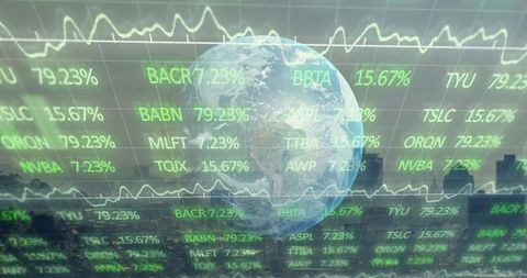 Earth globe overlaying urban skyline with neon green market tickers, percentage graphs