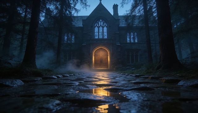 Foggy Gothic Manor Entrance Glowing Arched Door Reflecting on Wet Cobblestone Pathway