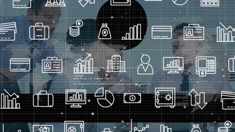 Digital Interface with Overlayed Data Icons in Business Meeting