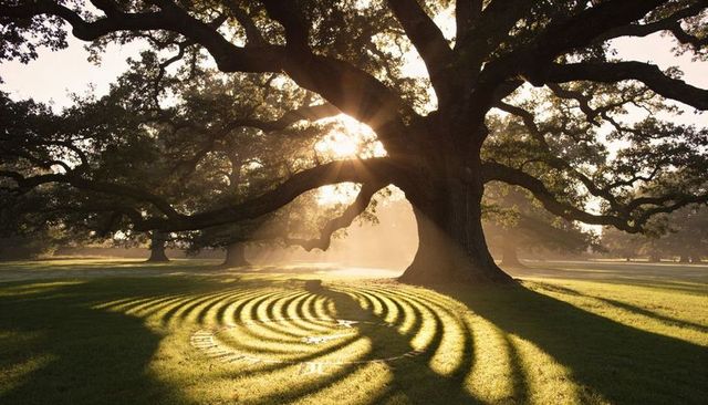 Ancient oak casting sunbeams and concentric shadow bands across misty park lawn