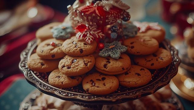 Festive Arrangement of Chocolate Chip Cookies on Decorative Platter