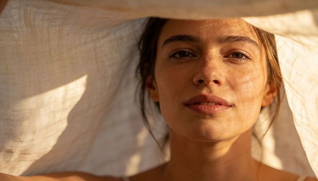 Woman looking through linen basking in golden light showing freckles and bare shoulders