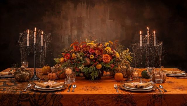 Elegant halloween table decor with pumpkins and candelabras