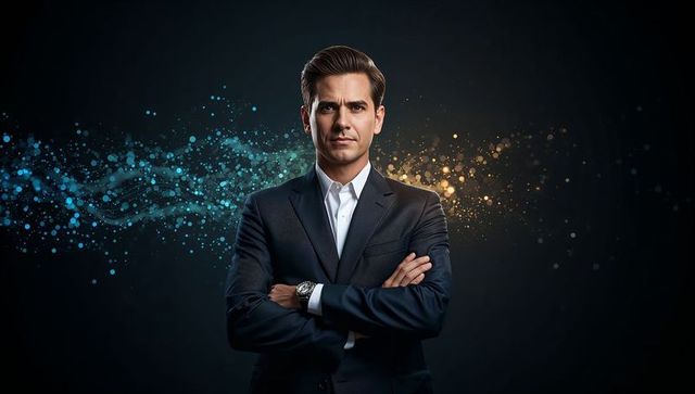 Confident businessman standing with arms crossed in tailored dark suit and teal-gold particle bokeh