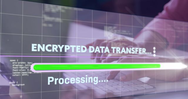 Depicts encrypted data transfer process on a computer screen along with a progress bar, highlighting cybersecurity and data protection themes. Ideal for illustrating concepts related to online security, tech services, data privacy policies, or educational resources on cybersecurity.