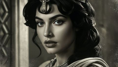 Middle eastern woman in regal cleopatra attire with ornate headpiece