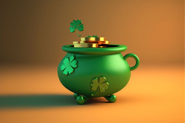 Green jar of gold coins of leprechaun on orange background, created using generative ai technology. St patricks day and celebration concept digitally generated image.