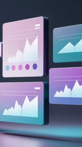 Vertical video: Fading 3D panels animating data charts with pulsing color dots