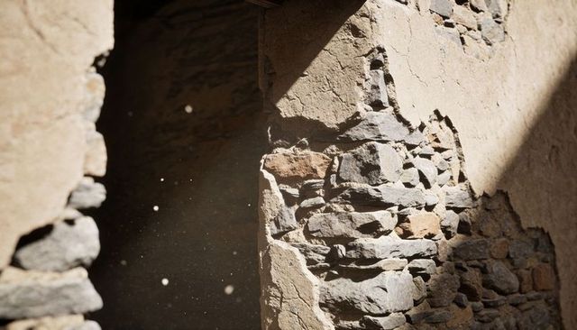 Sunlit weathered stone column and crumbling mud plaster on ruined wall