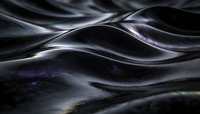 Glossy Black Metallic Waves Reflecting Light with Iridescent Flecks, Abstract Texture