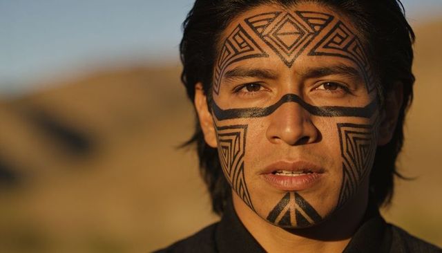 Sunlit hispanic man wearing geometric black face paint closeup during golden hour