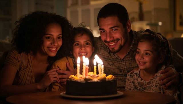 Family gathering around birthday cake at home, candlelight celebrating with smiles