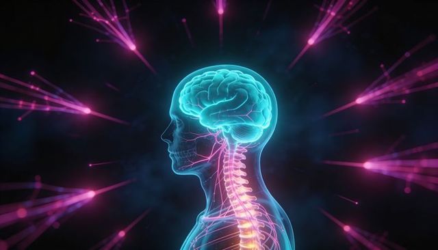 Neon human profile highlighting brain and spinal cord with glowing magenta neural pathways