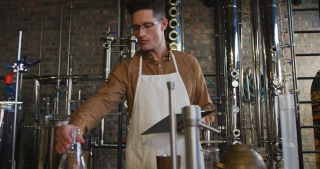 Caucasian man working at distillery checking gin product in flask and holding clipboard. work at an independent craft gin distillery business.