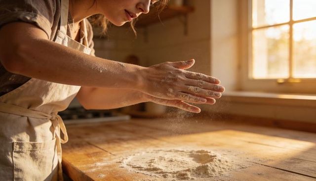Artisan home baker forming well in flour on sunlit wooden counter, rustic kitchen