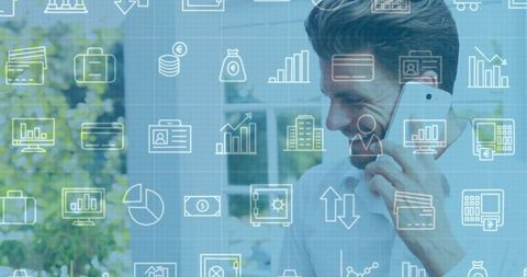 Business Professional Engaging in Phone Call with Financial Graphics Overlay