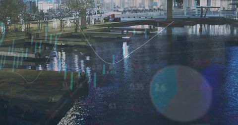 Digital Interface Overlaying City Life and Stock Market Trends