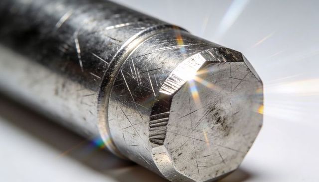 Shining machined steel rod featuring hex end and scratched finish, macro industrial detail