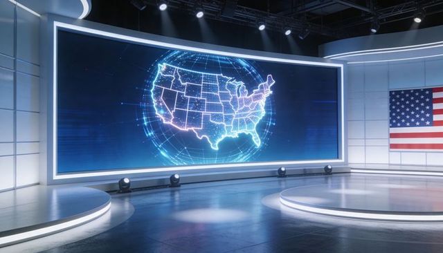 Futuristic Broadcast Studio with Curved LED US Map, American Flag and Polished Stages