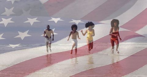 Joyful Empowerment: African American Family with USA Flag Overlay
