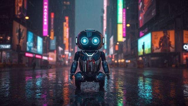 Standing neon robot glowing cyan eyes on wet city street reflecting neon ads