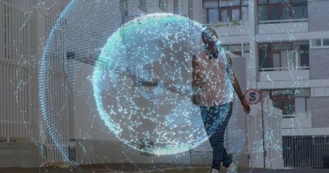 Urban woman strolling with holographic global connectivity