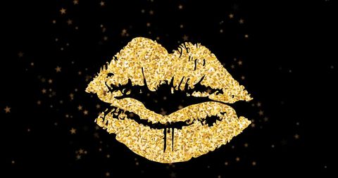 Golden lips sparkling on dark background symbolize celebration and elegance. Ideal for promotional event flyers or glamorous party invitations. Can be used in designs for International Kissing Day promotions, beauty product marketing, or artistic decorative purposes.