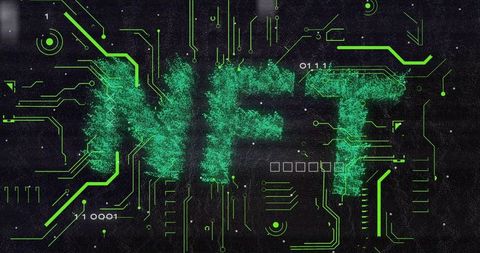 Futuristic nft text with binary code on circuit board background