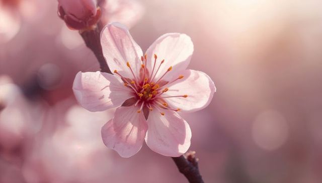 Delicate pink blossom macro closeup with soft bokeh and warm backlight for spring design