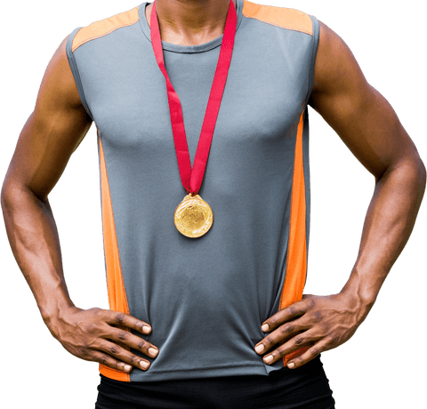 African American Male Athlete Showing Gold Medal on Transparent Background