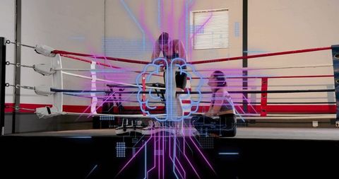 Female athletes resting and gearing up in boxing ring with neon holographic brain overlay