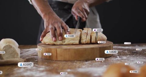 Artisan baker slicing freshly baked bread with social media reactions