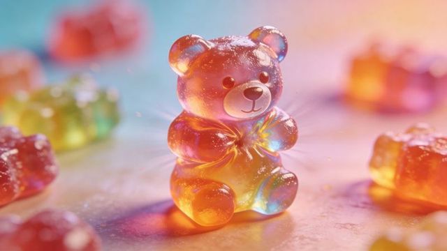 Iridescent gummy bear glowing on pastel tabletop with prismatic bokeh and candy sparkle