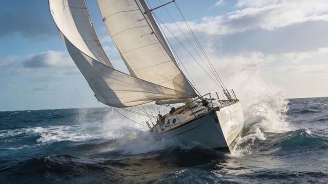 Heeling sailboat slicing through rough ocean waves with crew bracing in life vests