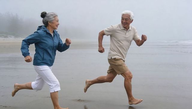 Senior asian couple running and smiling on foggy beach, barefoot jogging along shoreline