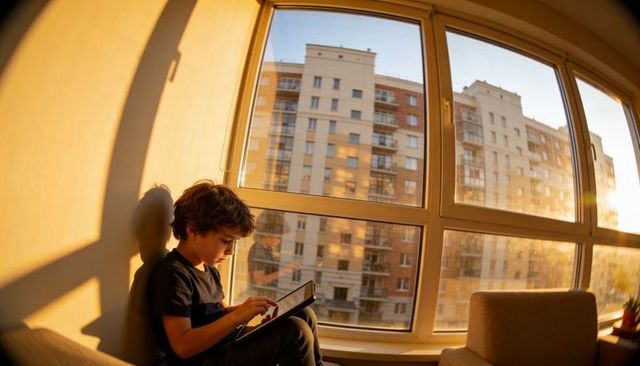 Boy using tablet on curved window seat basking in golden hour sunlight urban apartment