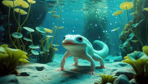 Pale green salamander in a zen underwater world