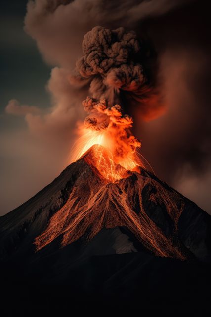 Dramatic landscape of a volcanic eruption with fiery lava flowing down the mountain, producing thick smoke and ash under a dark sky. This powerful natural phenomenon is ideal for educational resources on geology, natural disasters, and environmental studies. It can also be used for dramatic backgrounds in presentations, disaster preparedness materials, and nature documentaries, capturing the raw power of nature.