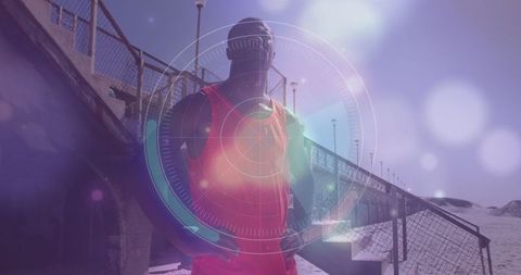 Digital fitness technology overlay on beach runner