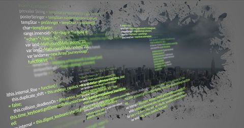 Cyberpunk JavaScript Code Amid Urban Cityscape Background