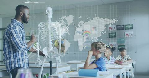 Teacher Using Augmented Reality Skeleton and World Map Projection in Modern Classroom