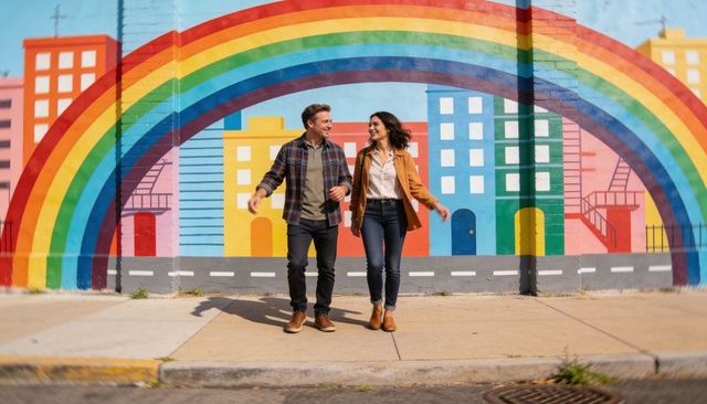Walking couple laughing under rainbow mural on vibrant sunlit urban sidewalk, colorful cityscape