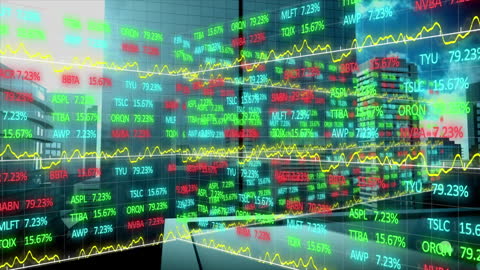 Digital Financial Data Display Over City Skyline