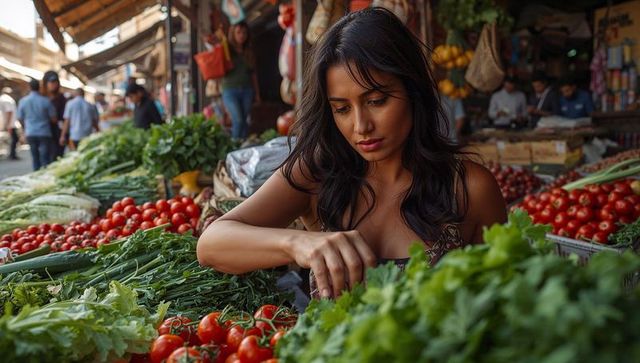 Young woman selecting fresh herbs at bustling street market stall, urban produce