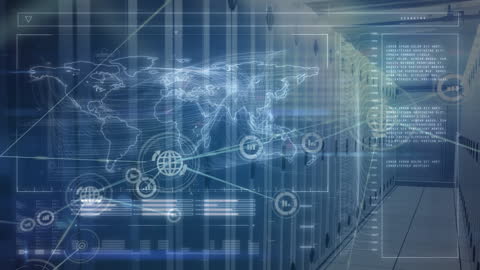 Futuristic Digital Network Overlay on Server Room