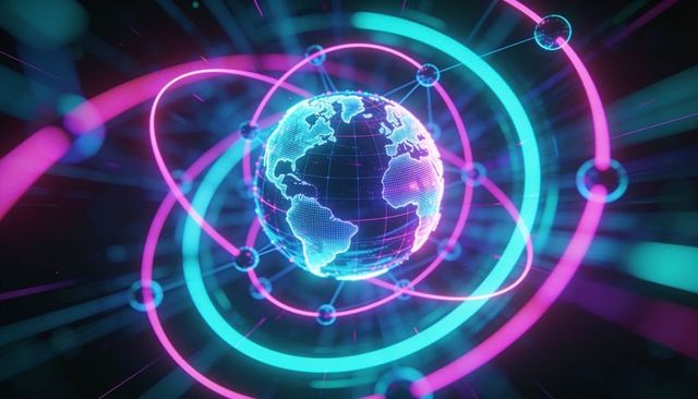 Neon holographic globe rotating with digital rings and connected network nodes